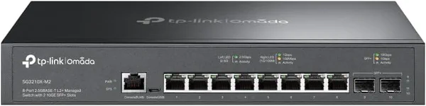 TP-Link Omada SG3210X-M2: Full-featured managed switch with eight multi-gig ports, dual 10GbE uplinks, VLAN/QoS/ACL/LACP support.
