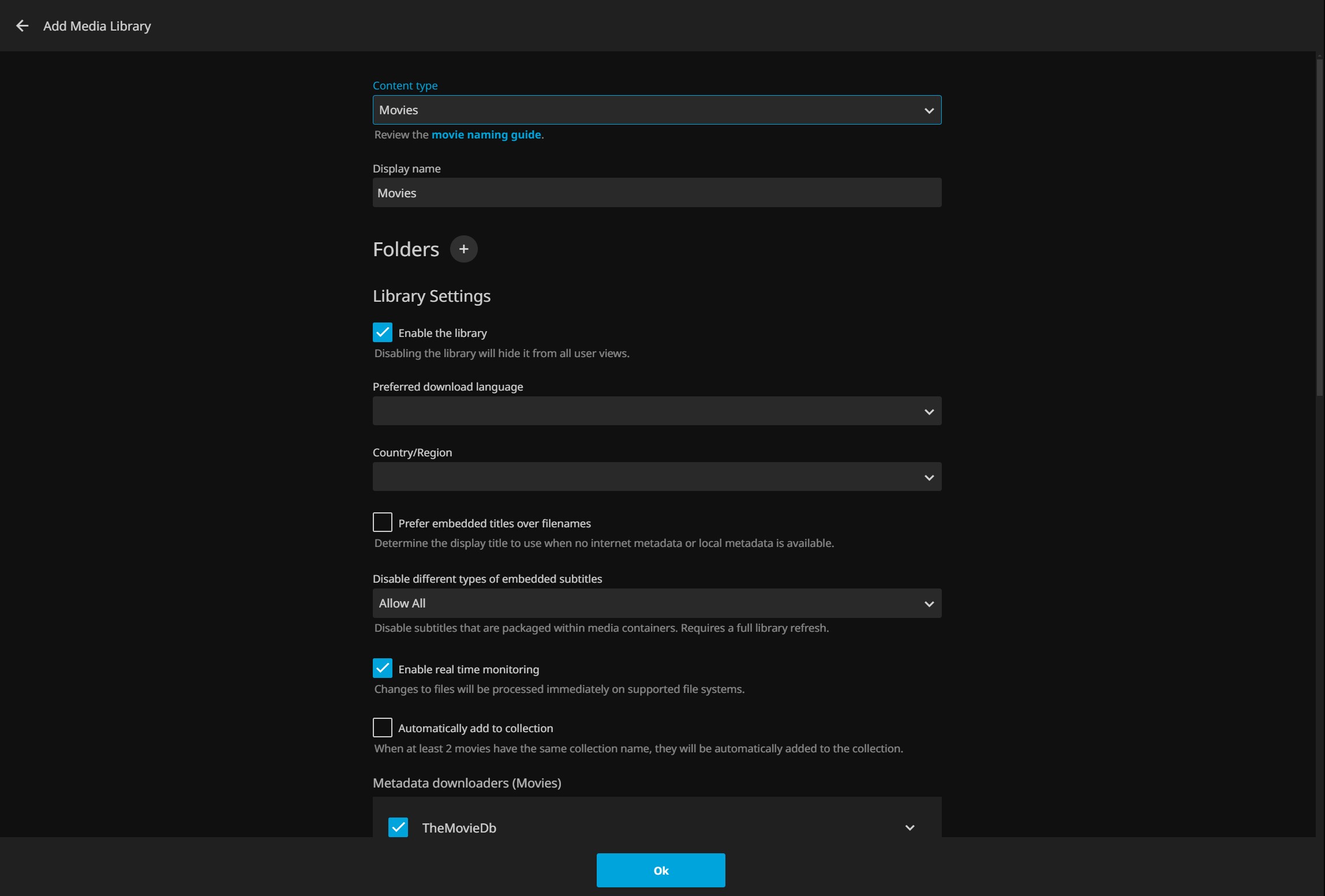 Jellyfin Library Options Screen